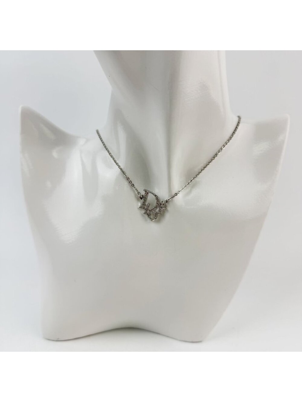 Dior Logo Rhinestone Necklace Plated Silver Clear Vintage